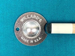 using Williard's tip shaping tool gauge to see if the cue tip has been shaped properly, essential for pool cue tip repair